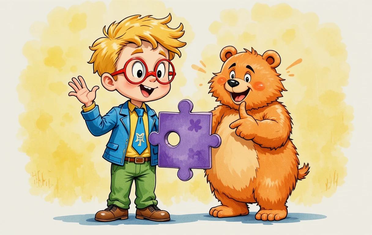 Menino com peça de quebra-cabeça e urso laranja em estilo cartoon