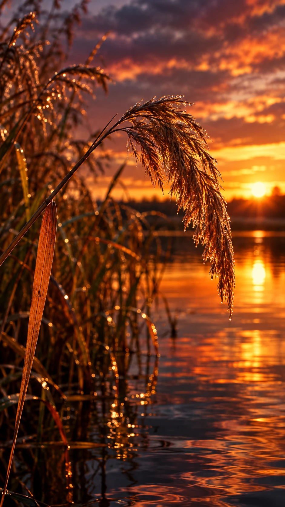 Golden reed reflected over a dark autumn lake