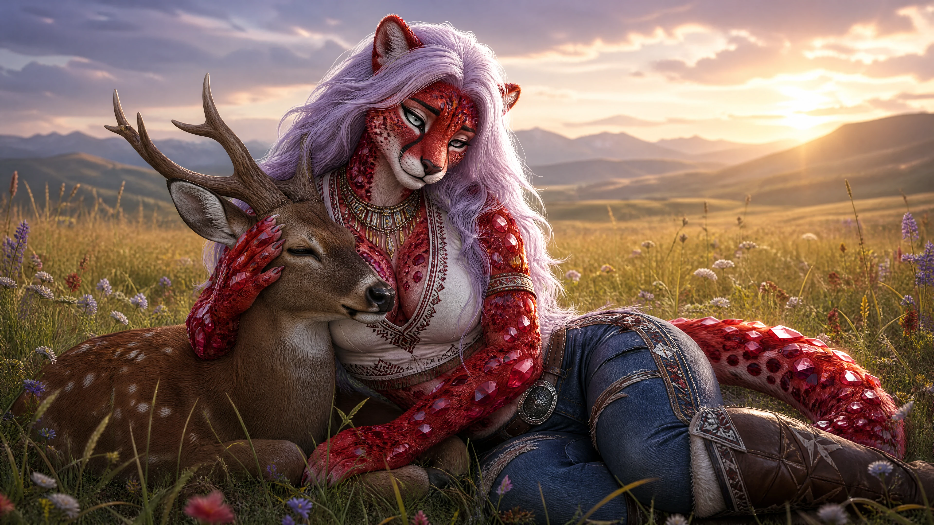 Anthro cheetah woman snuggling a deer on grassland