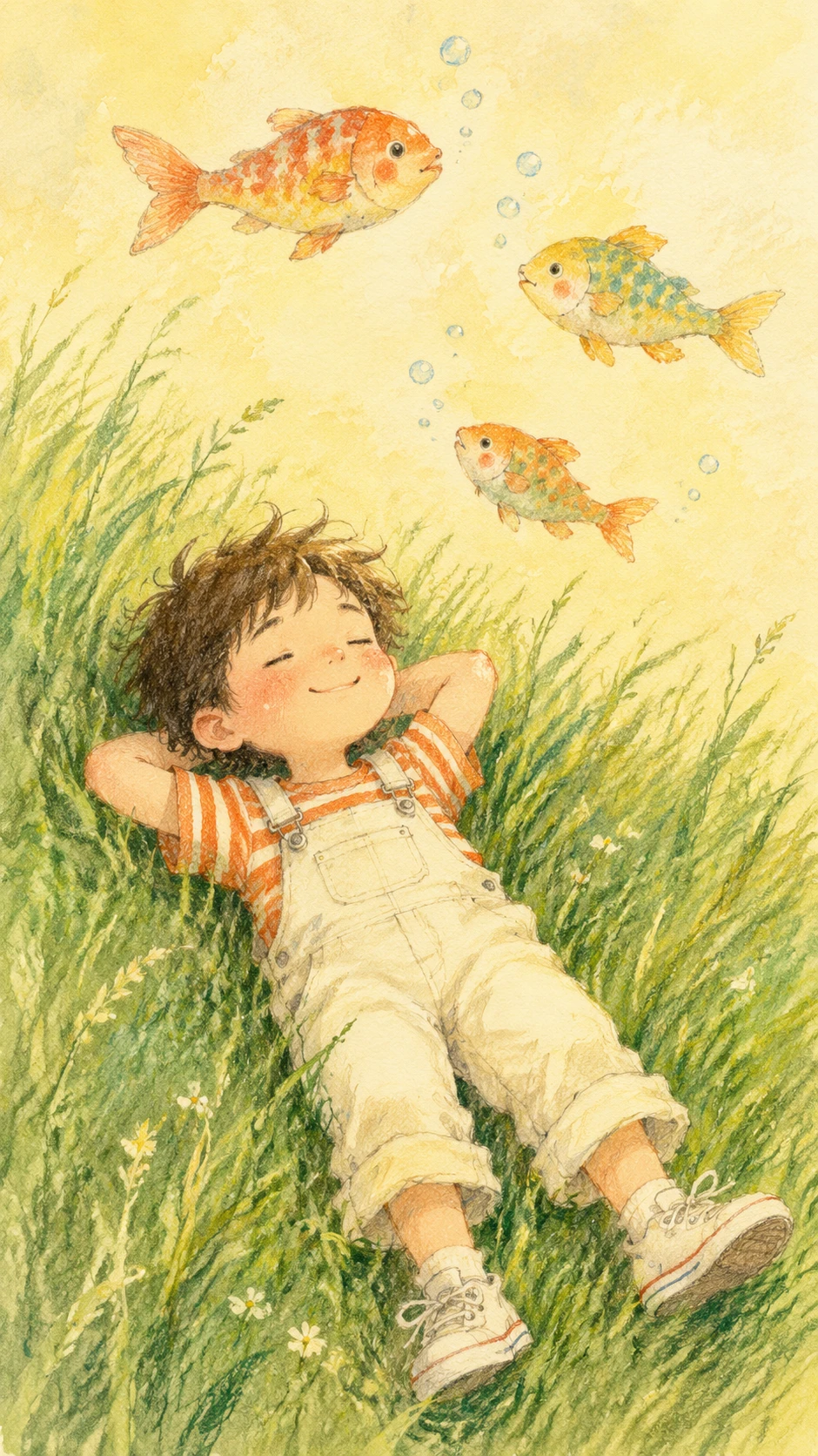 Child Resting In Grass With Floating Watercolor Fish