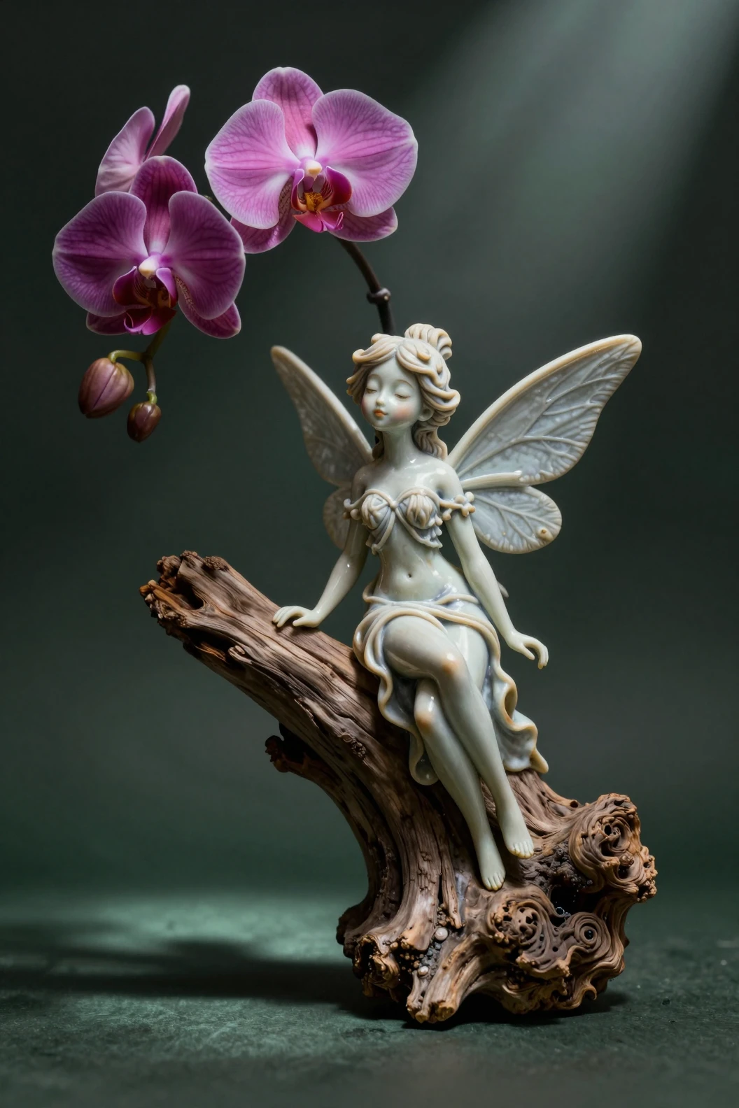 Escultura de fada em porcelana com orquídeas em luz dramática