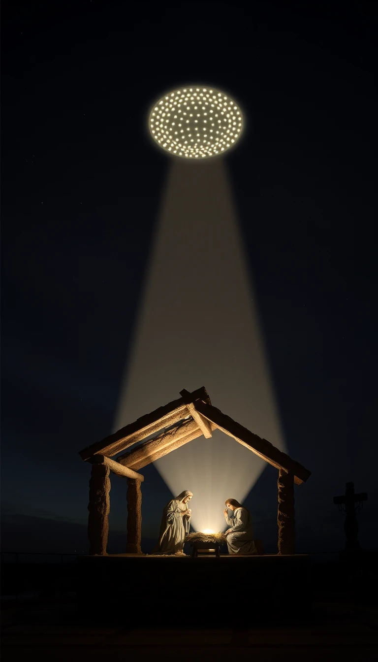 Nativity scene at night with hovering ufo above manger