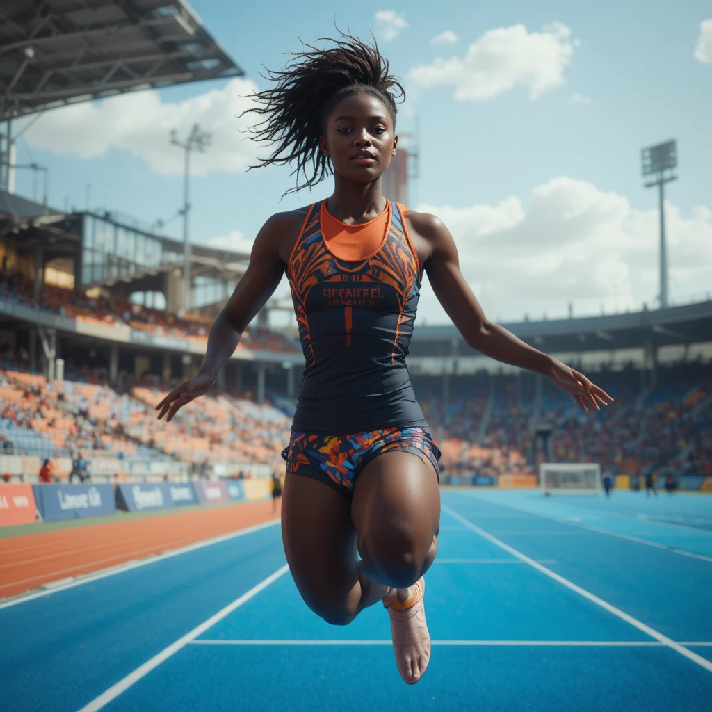 Atleta feminina posa para fotógrafos esportivos durante um salto