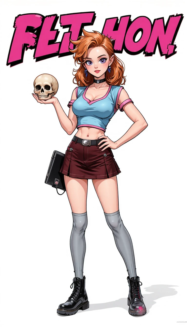 Mulher gótica em estilo quadrinhos segurando um crânio em fundo branco