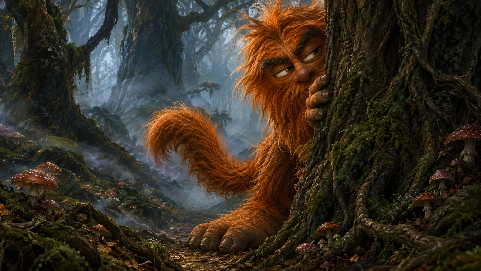 Creatura arancione e pelosa del bosco che sbircia da un albero gigante