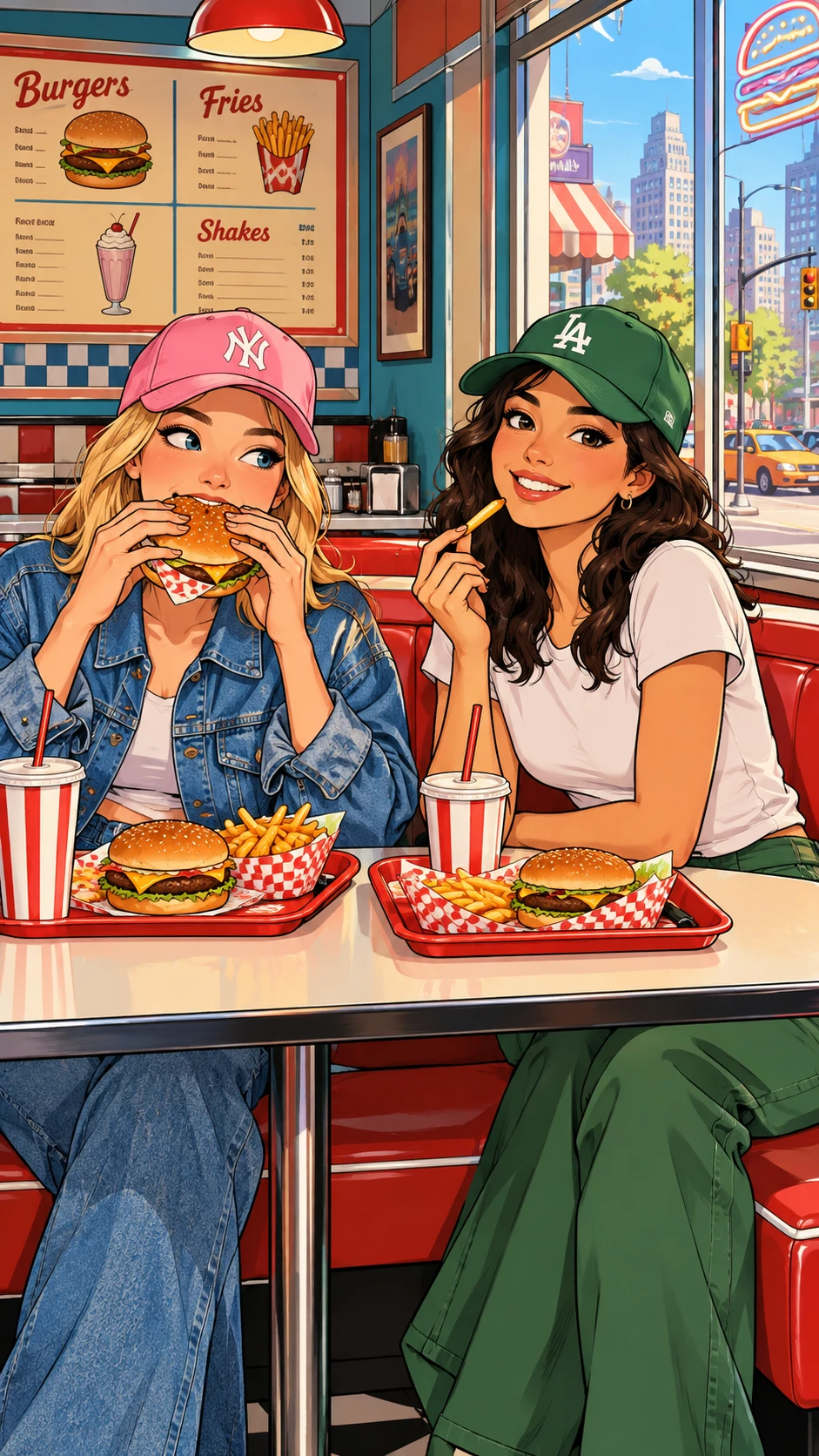 Two friends eating burgers in a colorful retro diner