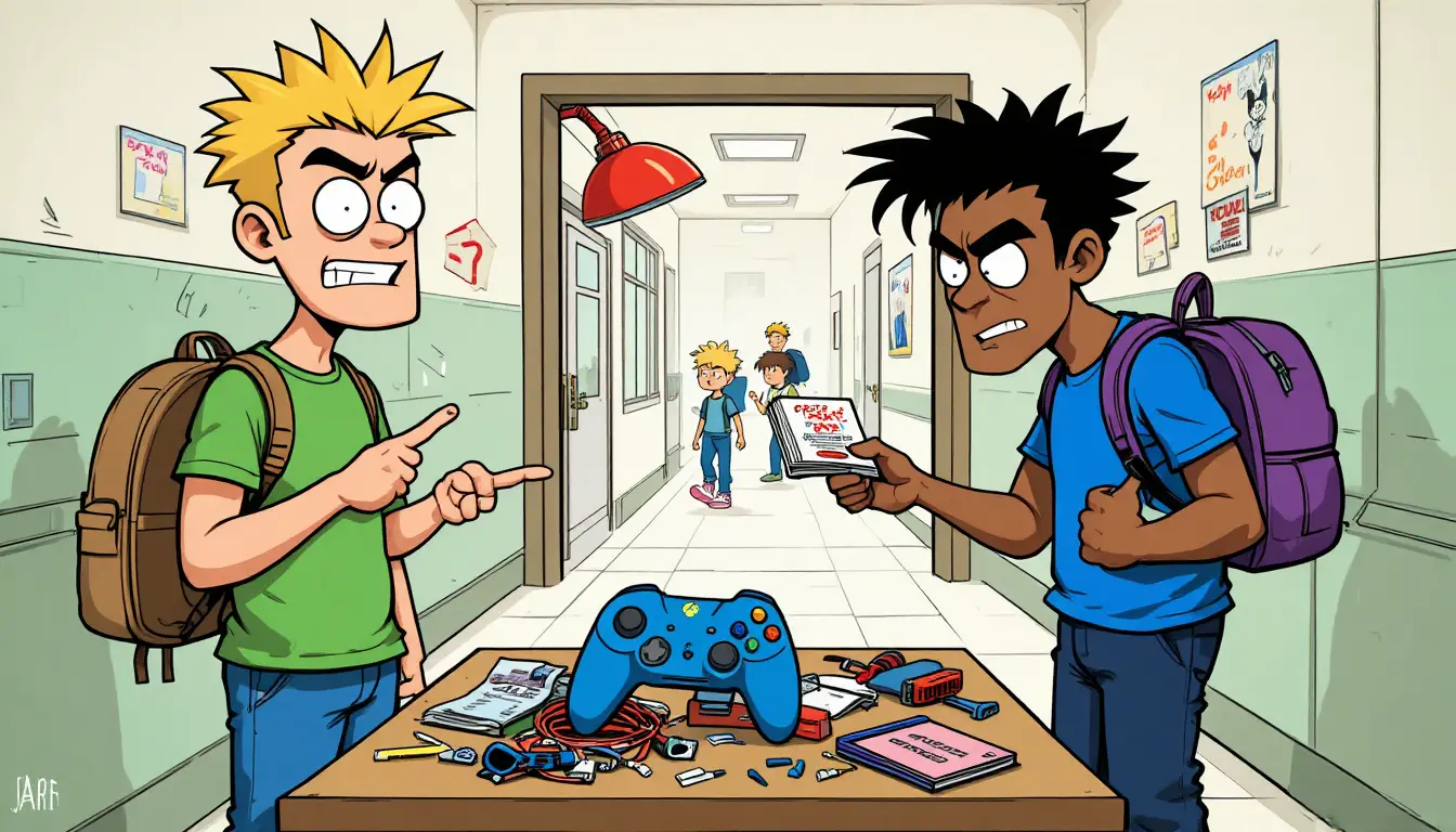 Cartoon two men repairing a game controller at cluttered bench