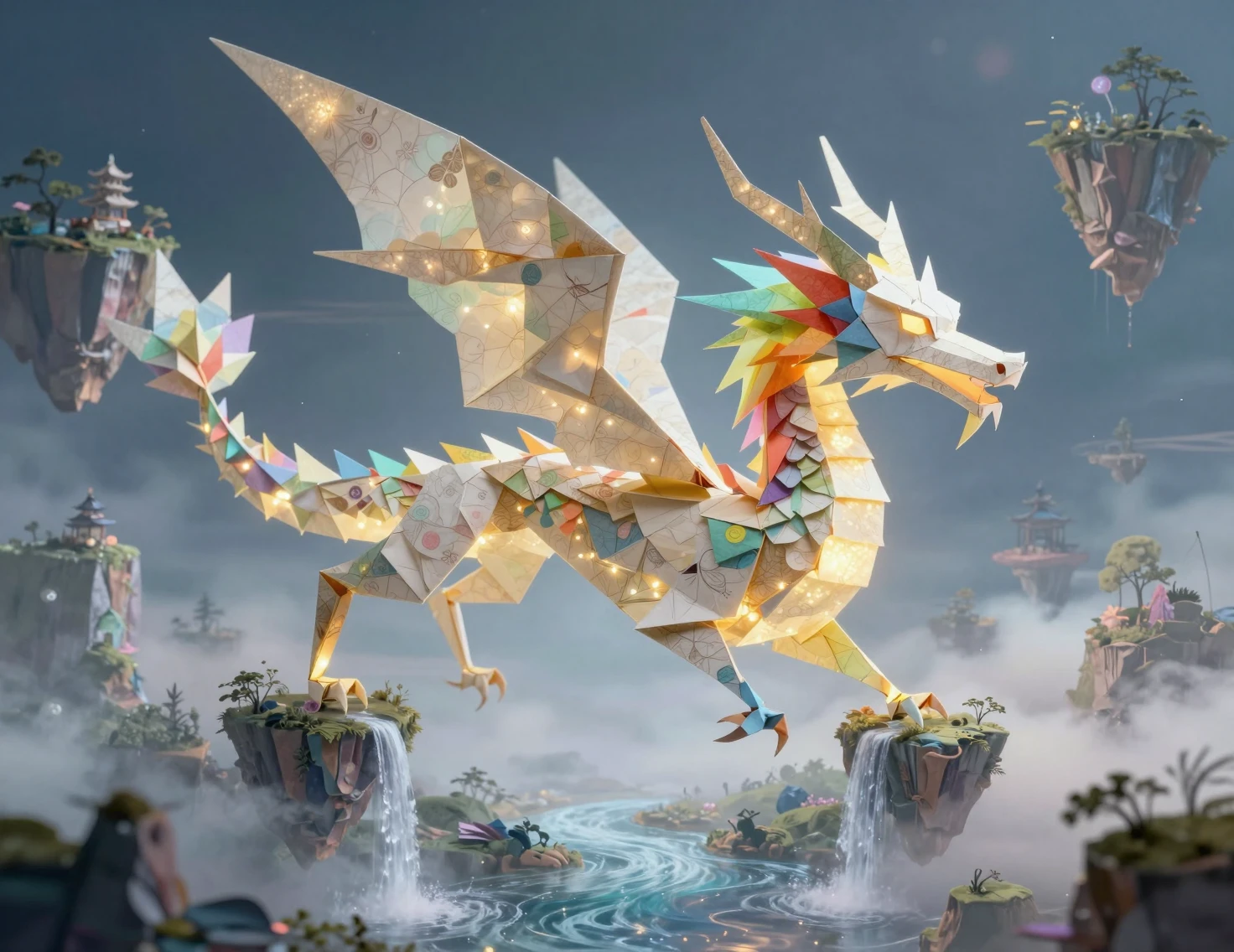 Dragão arco-íris de origami voando sobre ilhas flutuantes enevoadas