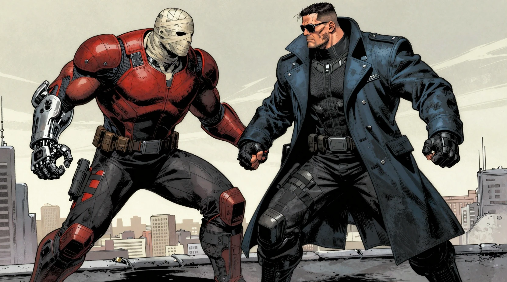 Two futuristic warriors battling on a rooftop at night