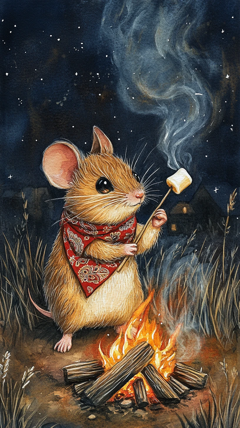 Rato em aquarela assando marshmallows em uma pequena fogueira