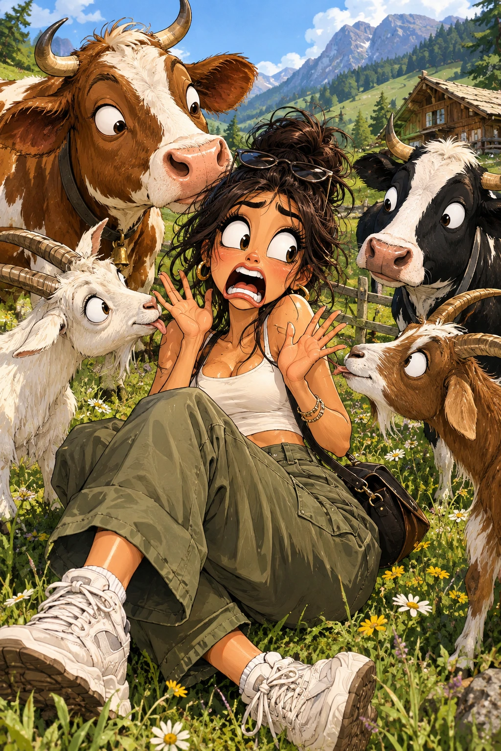 Fille de dessin animé chic effrayée dans une campagne colorée
