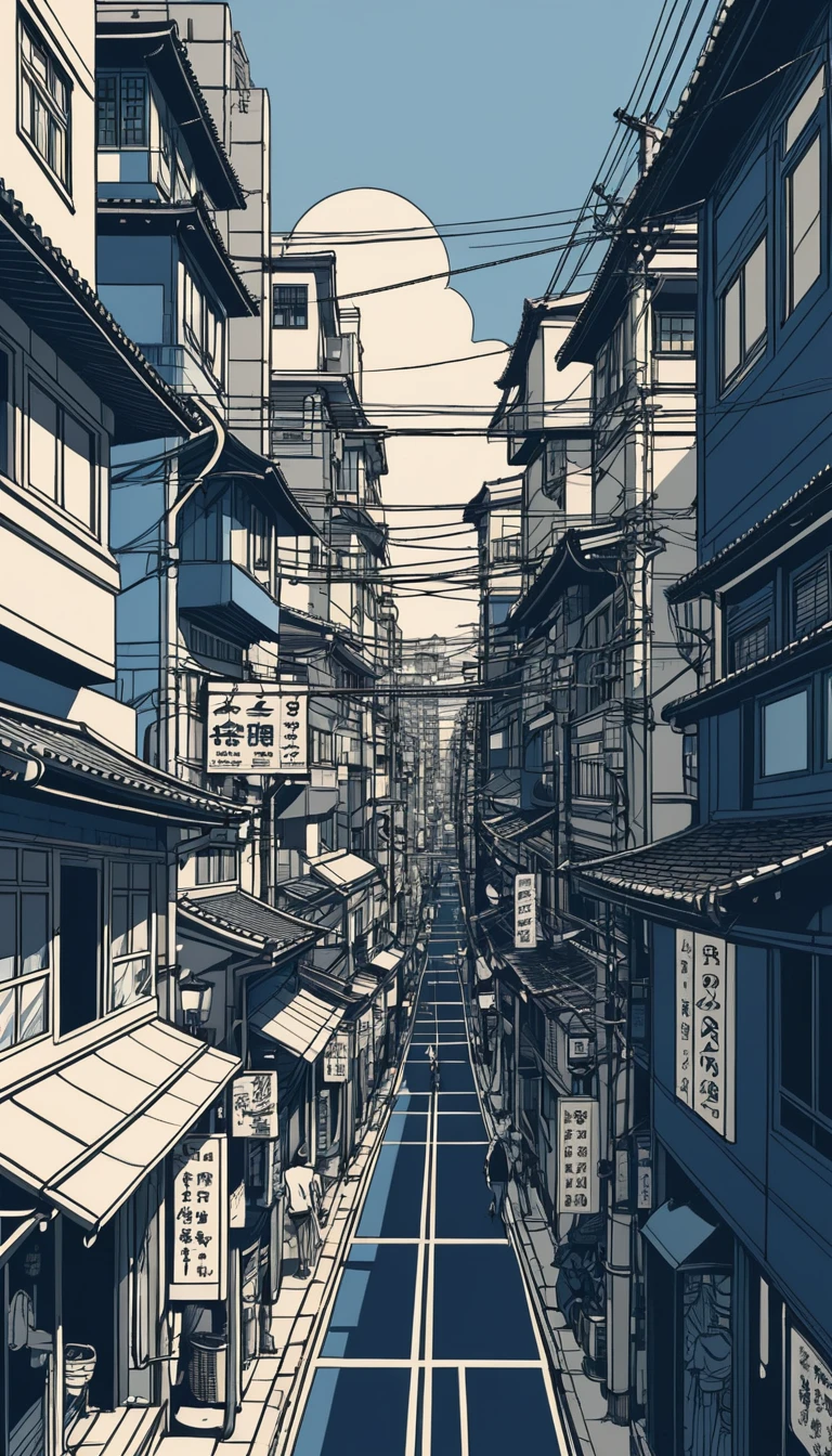 Rua japonesa estilizada em vista urbana vertical densa