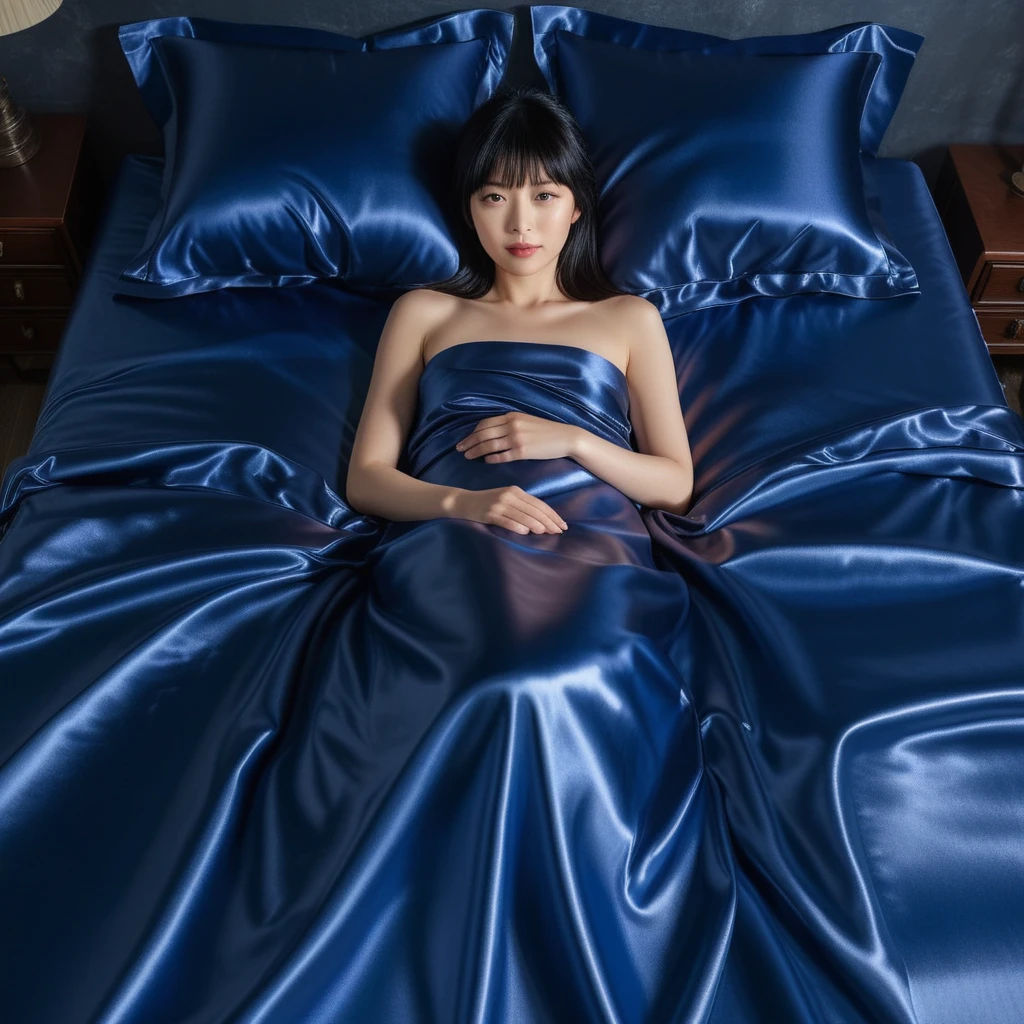 Mulher japonesa deitada em lençóis de cetim azul-escuro
