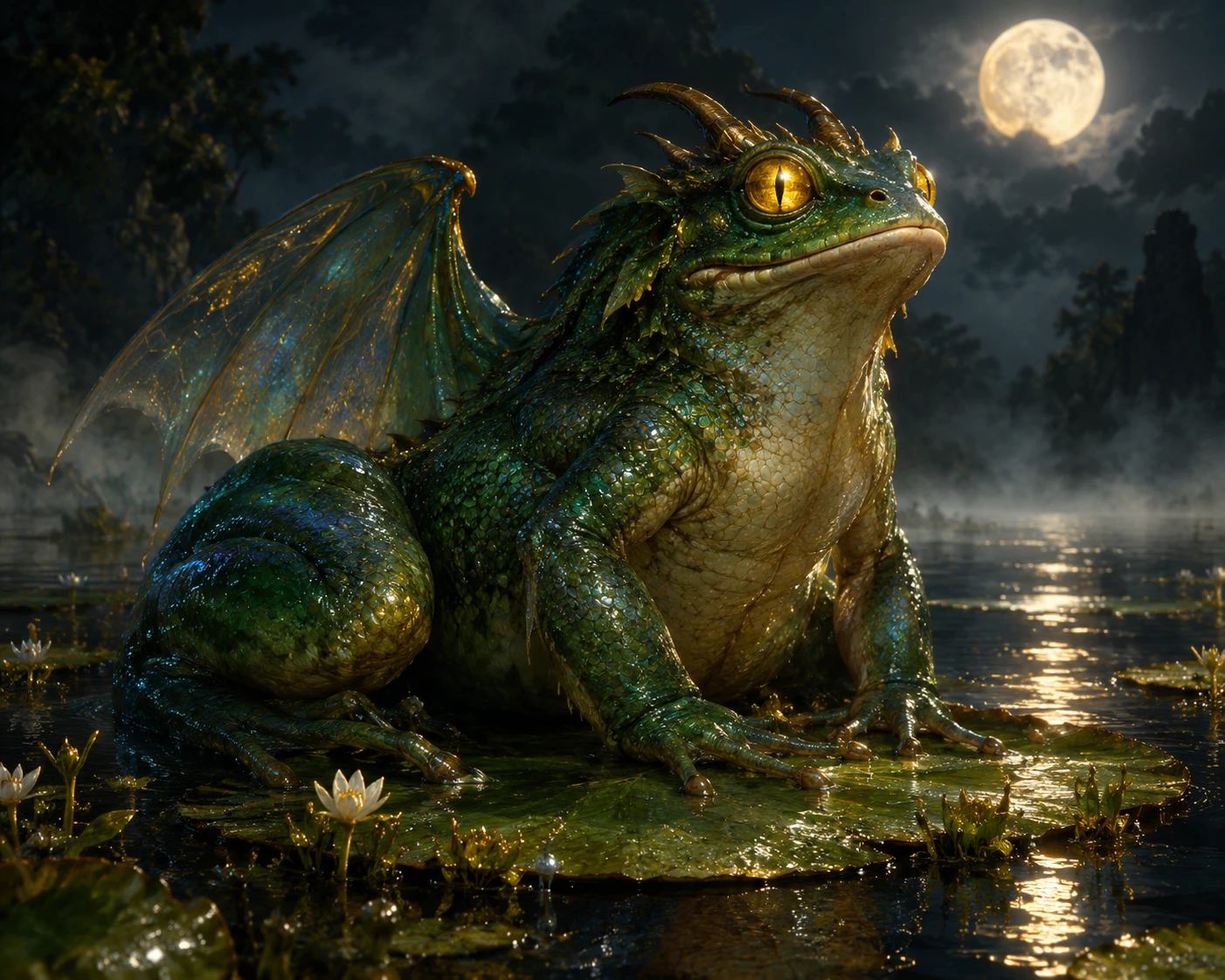 Dragão-sapo régio em um lago de vitórias-régias ao luar