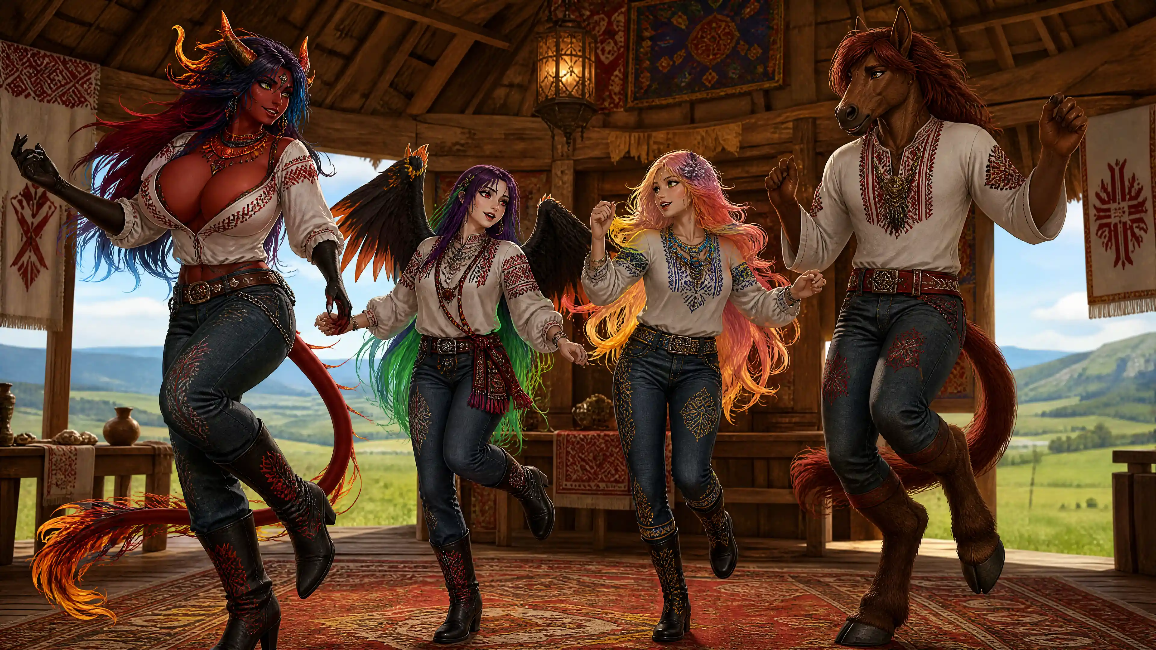 Fantasy partners dancing together inside a tribal grassland hut