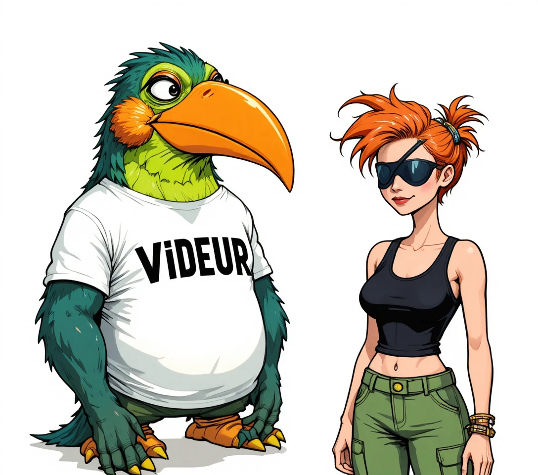 Mujer caricaturizada con parche en el ojo frente a criatura verde peculiar