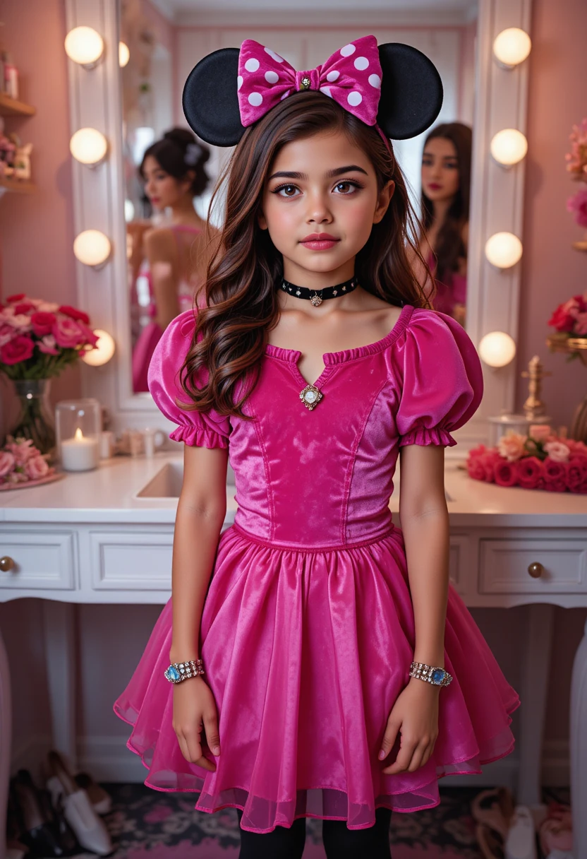 Garoto pré-adolescente em fantasia de princesa Minnie em penteadeira rosa