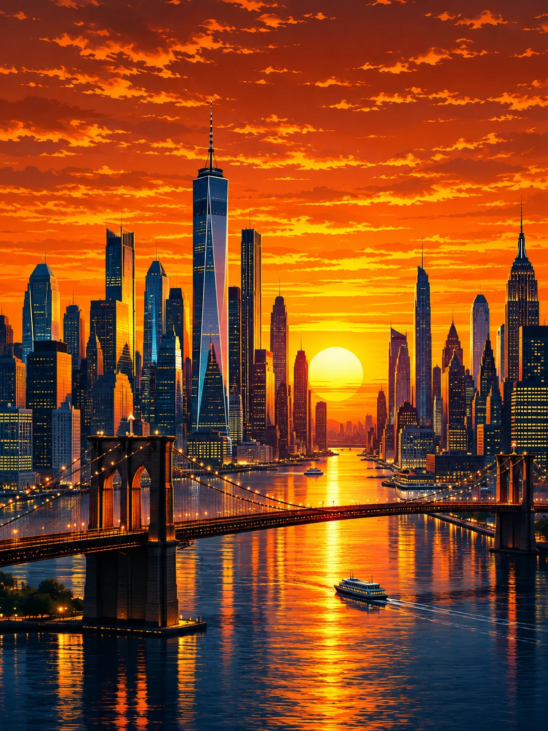 Horizonte pop art da Nova York futurista ao pôr do sol