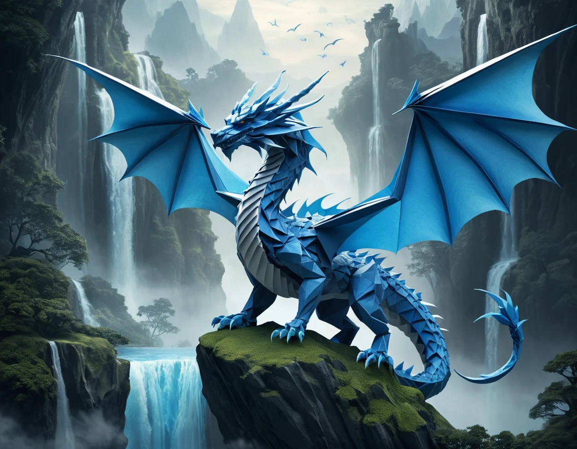 Dragão azul de origami voando sobre ilhas flutuantes enevoadas