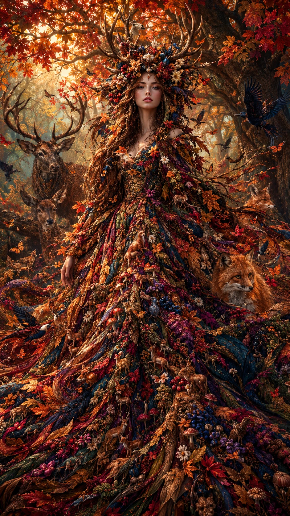 Ancient woodland queen beneath a vast autumn canopy