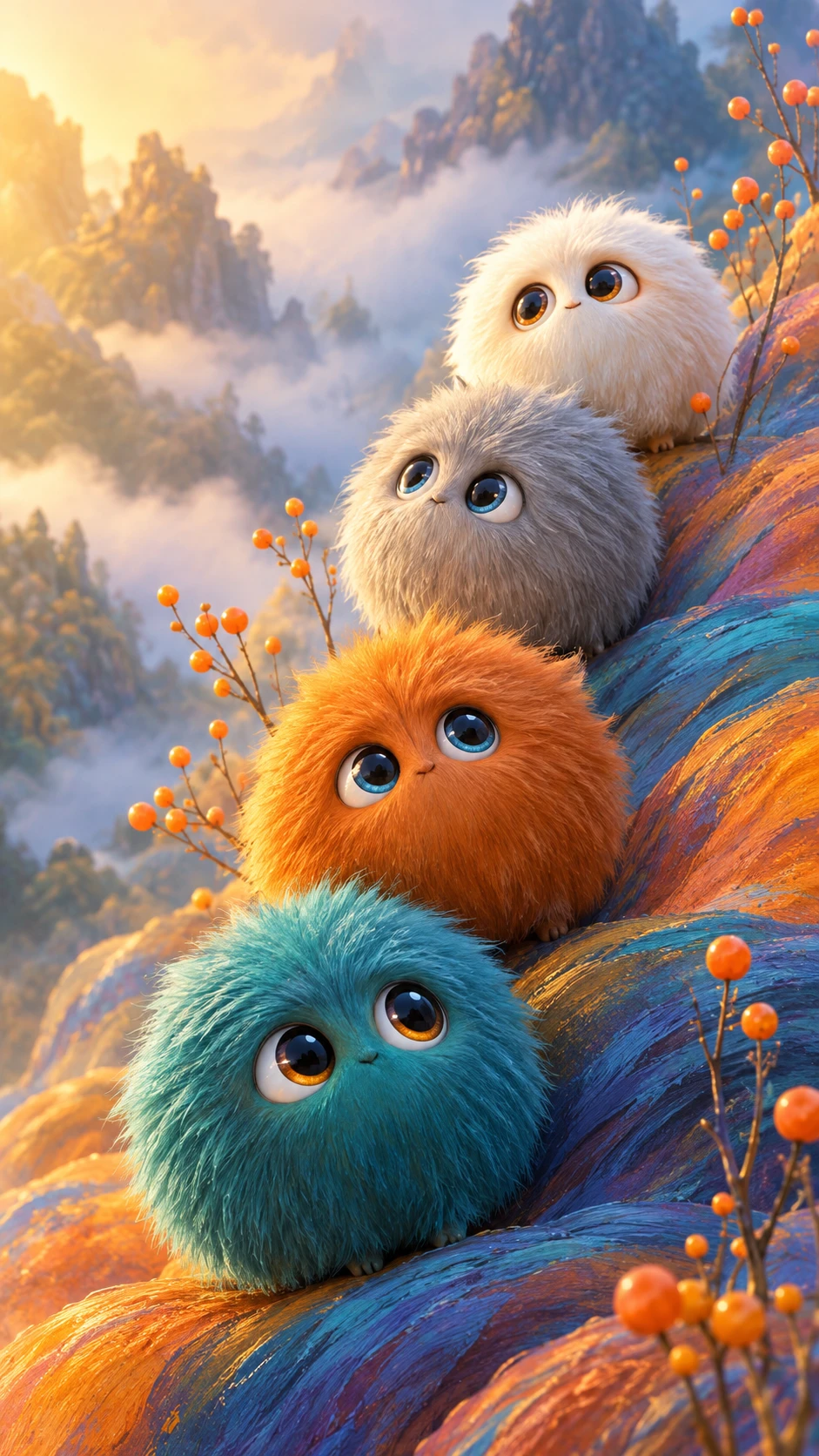 Whimsical stack of fluffy fantasy creatures in misty landscape