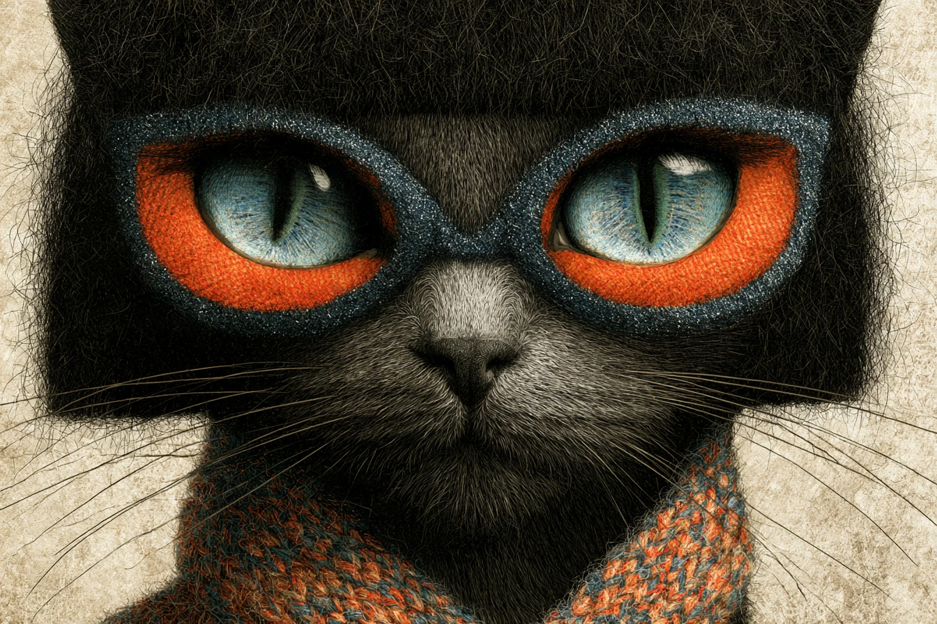 Chat anthropomorphe surréaliste aux yeux bleu vert saisissants