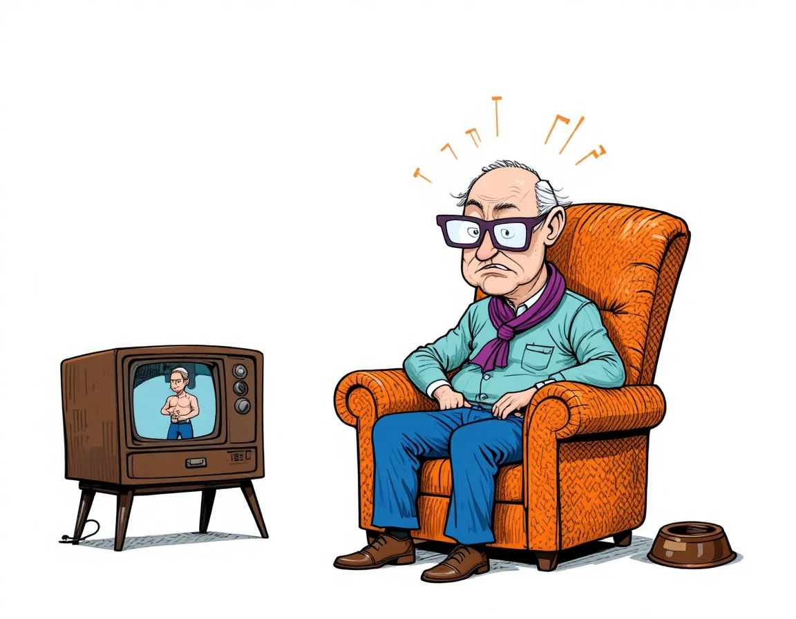Homme âgé frustré dans un fauteuil regardant un homme musclé à la télévision