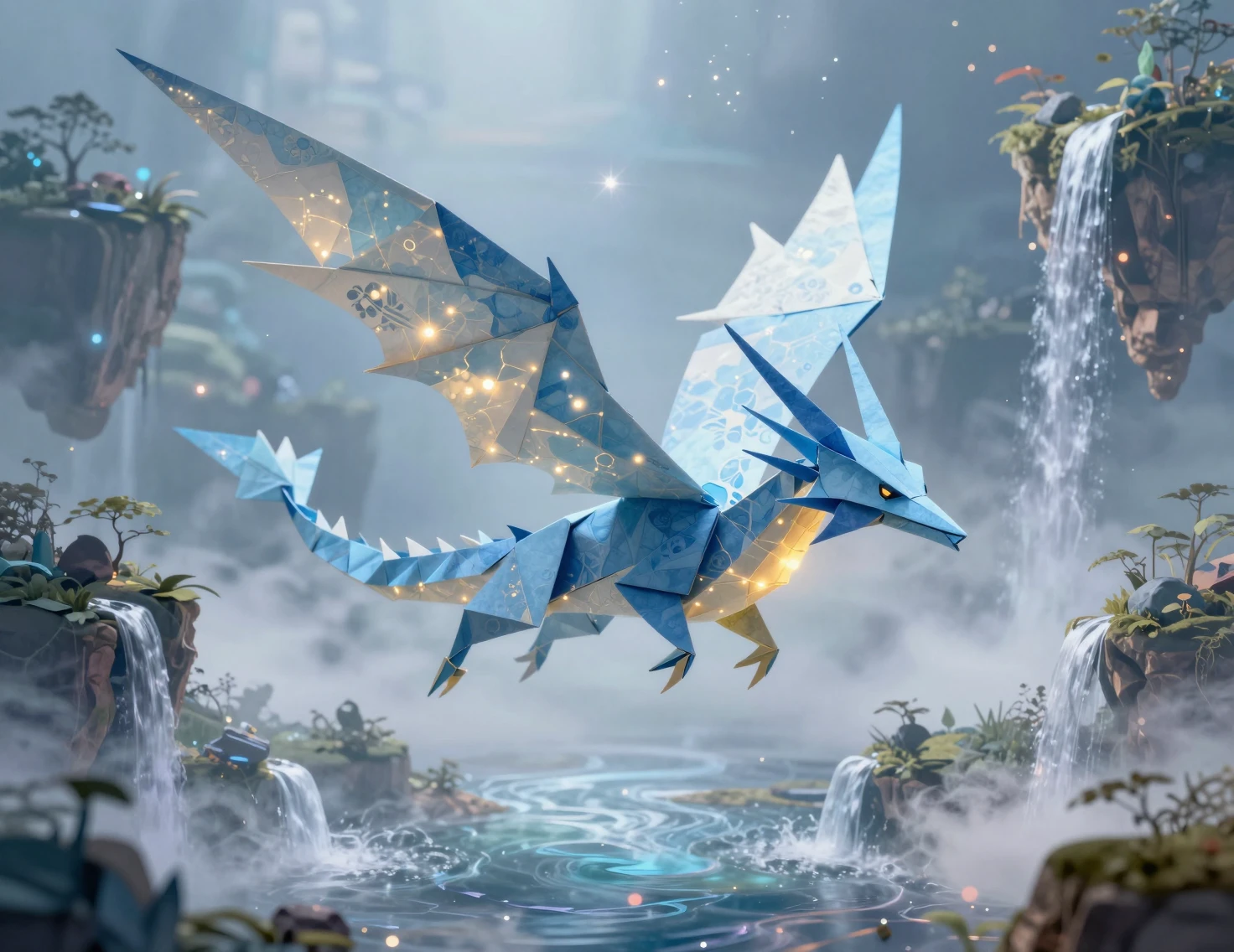 Dragão azul de origami sobrevoando ilhas flutuantes enevoadas