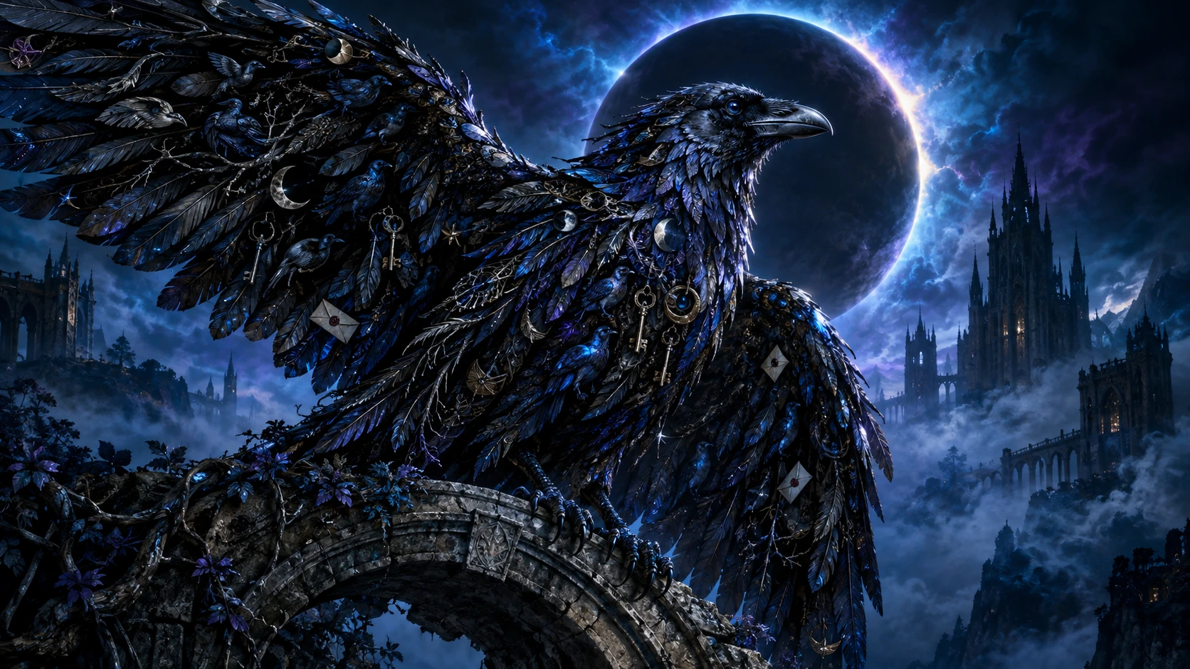 Corvo em arco de pedra antigo sob um imenso eclipse