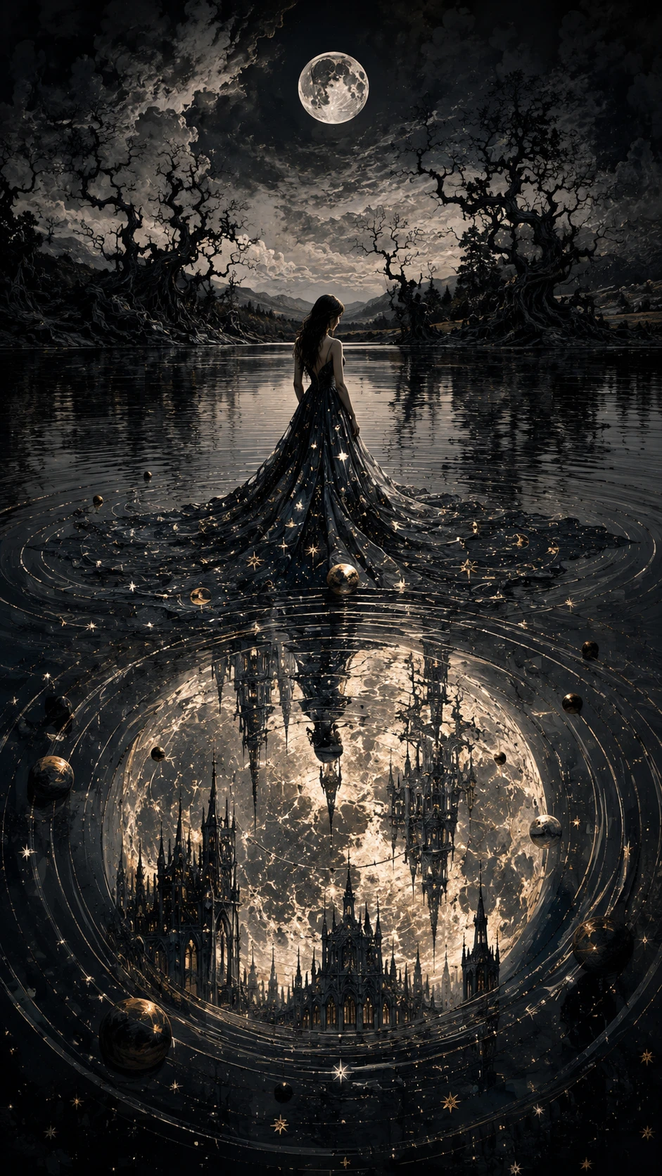 Mulher em lago ao luar com vasta reflexão surreal