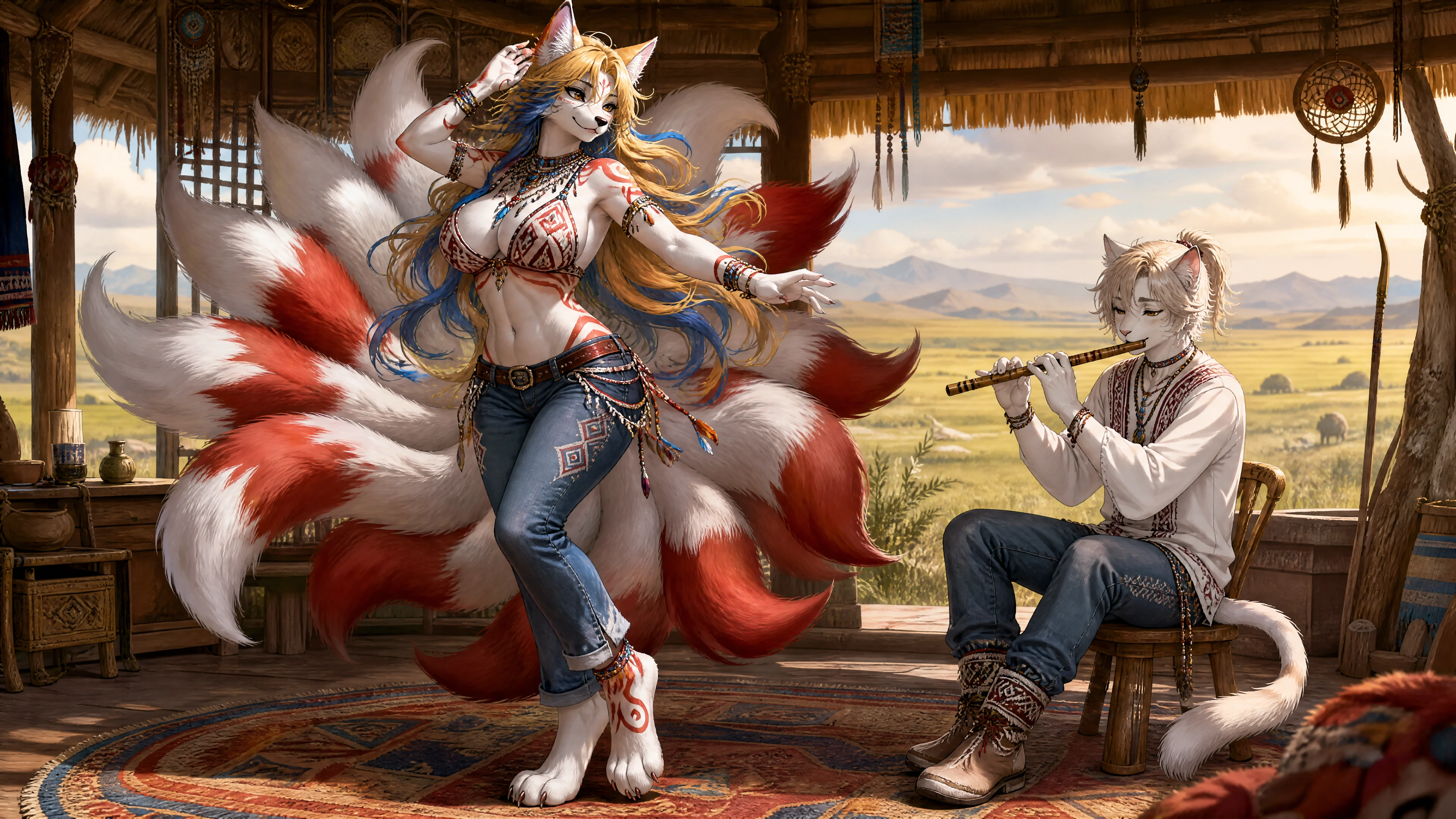 Femme kitsune à neuf queues dansant sur une prairie ouverte