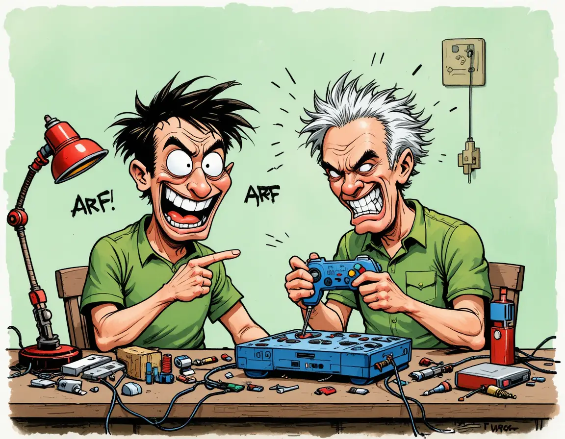 Cartoon men repairing a game controller at cluttered workbench