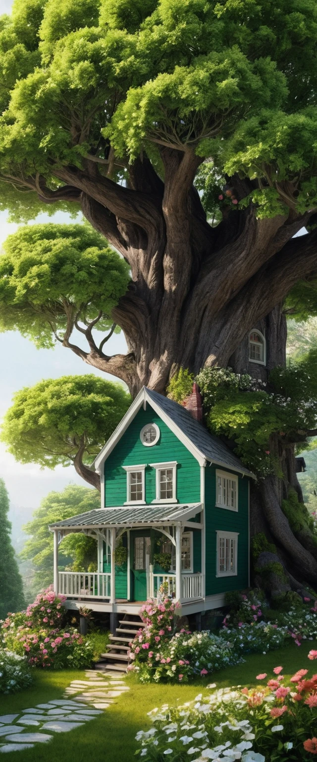 Pequena casa verde com árvore em um jardim mágico