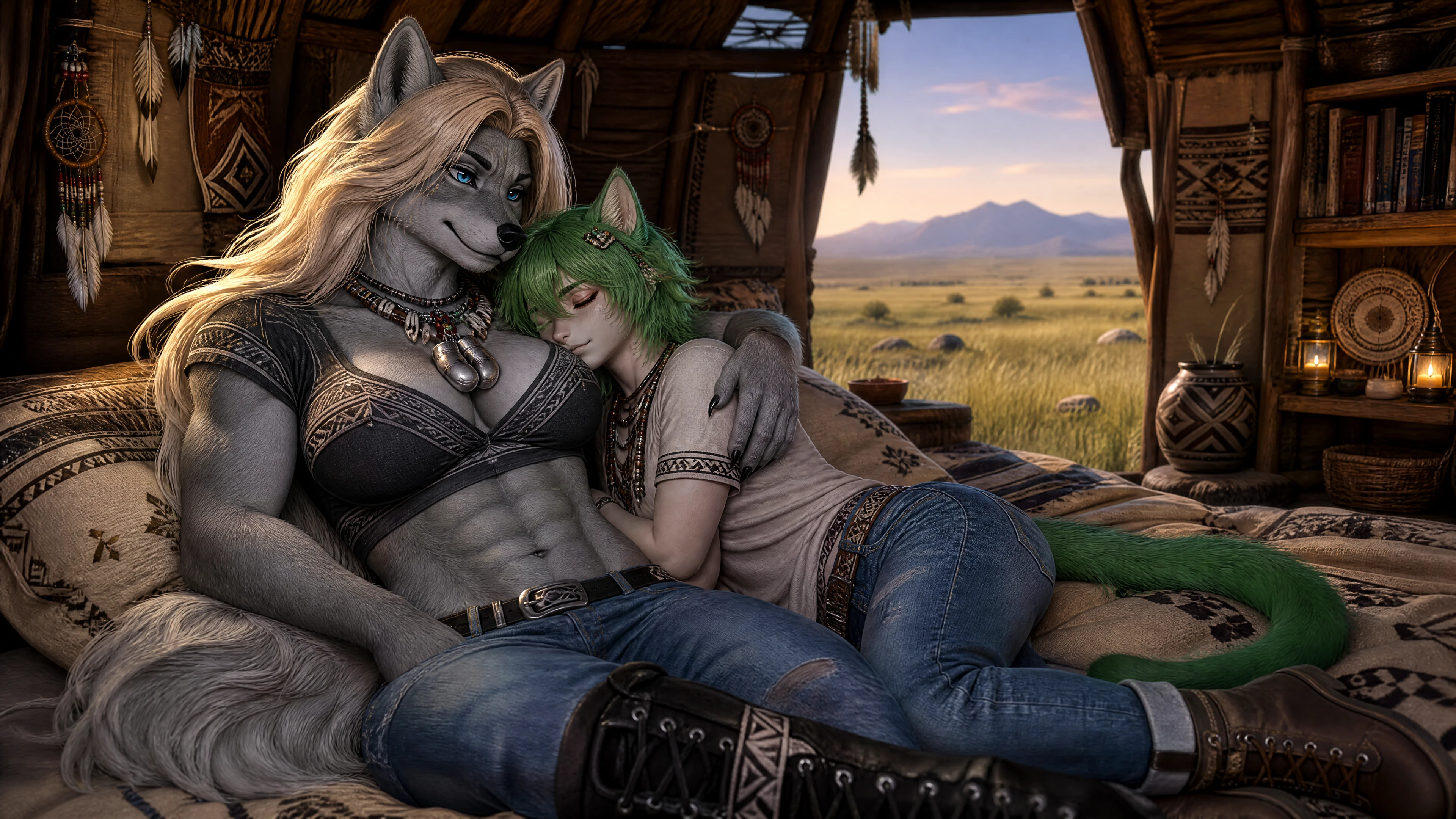 Tall silver werewolf woman cuddling cat boy in bed