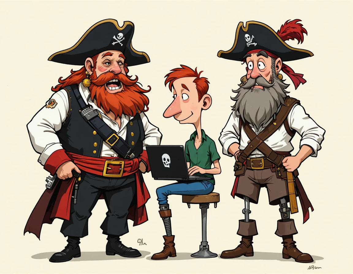 Trio de pirates comiques rassemblés autour d’un ordinateur portable