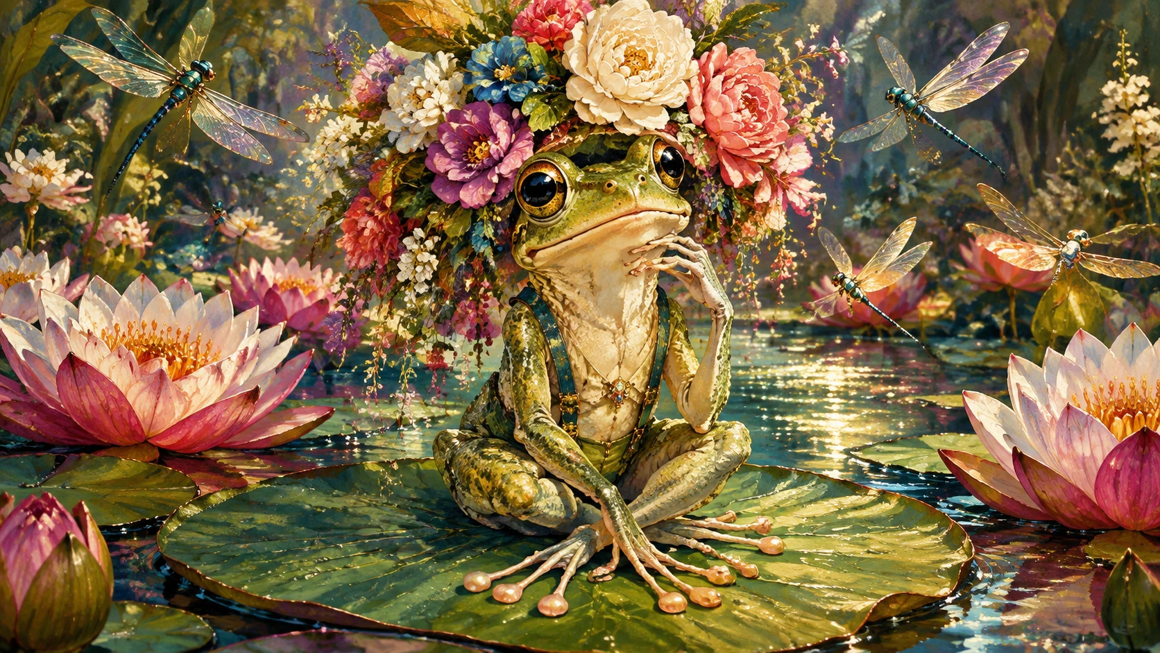 Sapo elegante em vitória-régia com coroa de flores gigante
