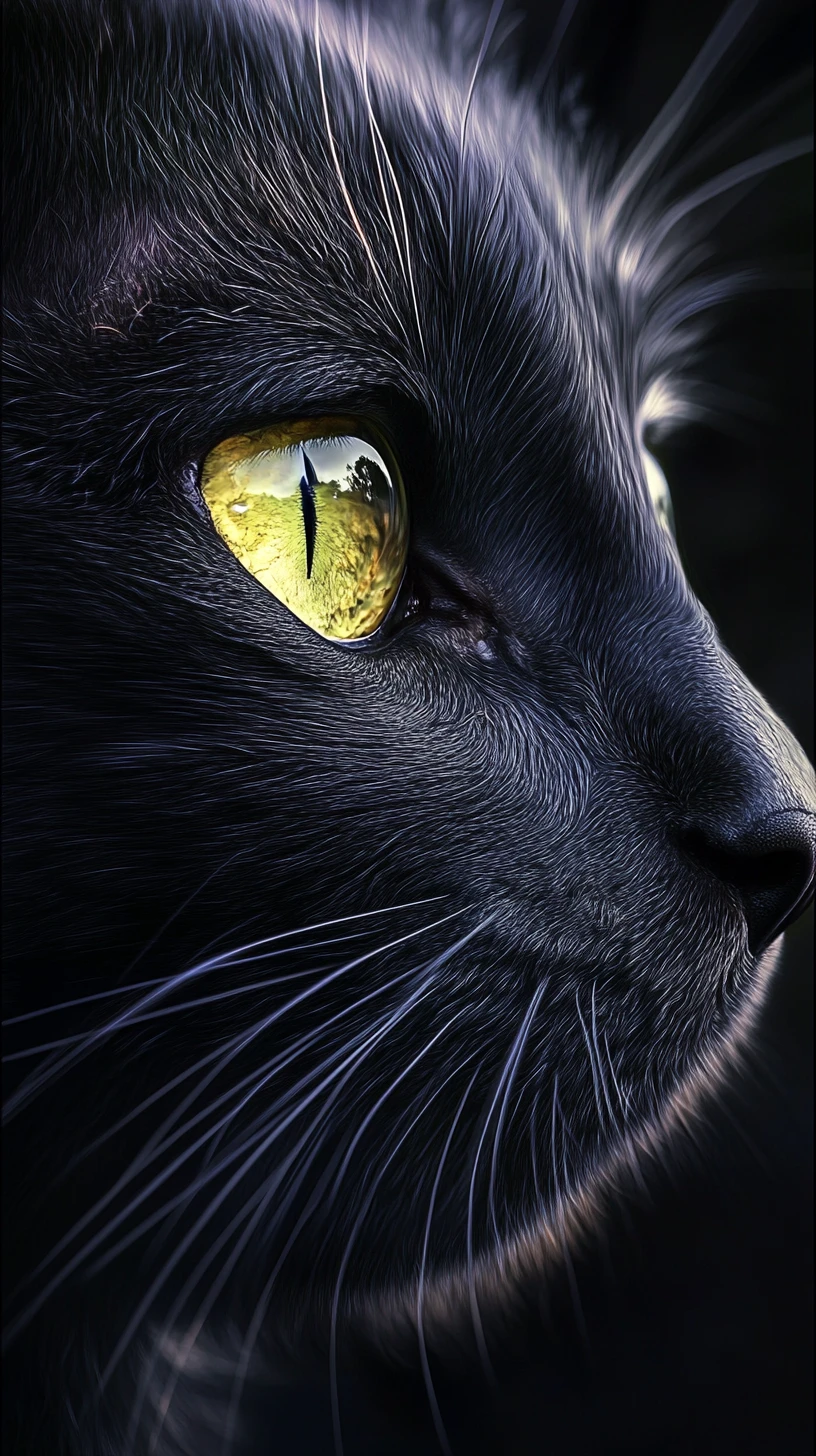 Gato preto majestoso em close com penetrantes olhos verde-amarelados