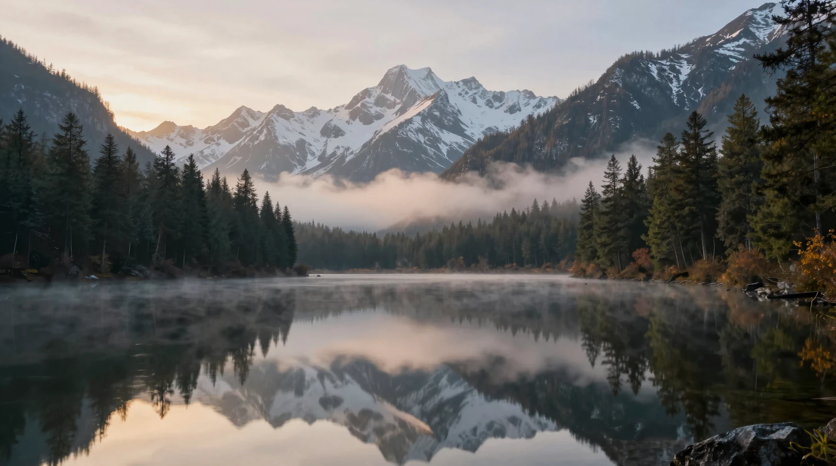 Lago de Montanha Serene ao Amanhecer com Névoa e Reflexos