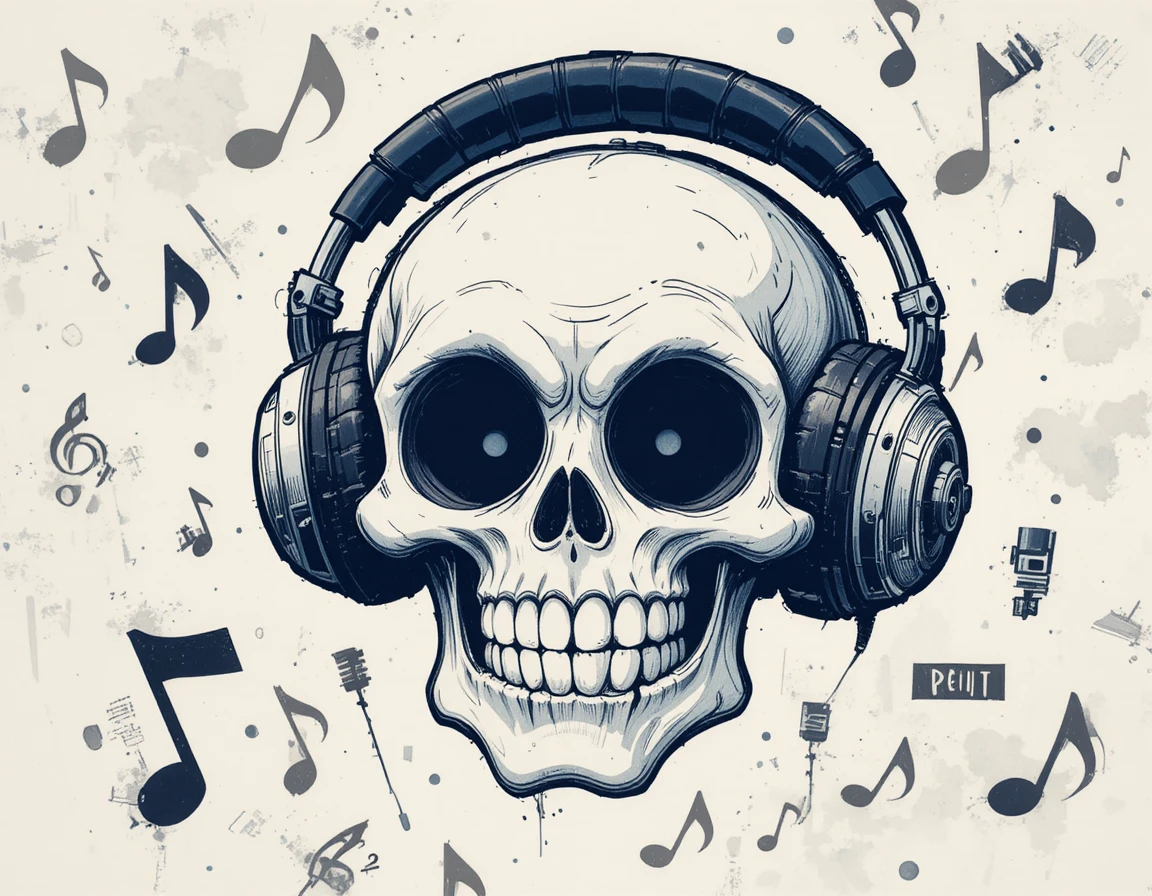 Crâne de dessin animé avec casque et notes de musique flottantes