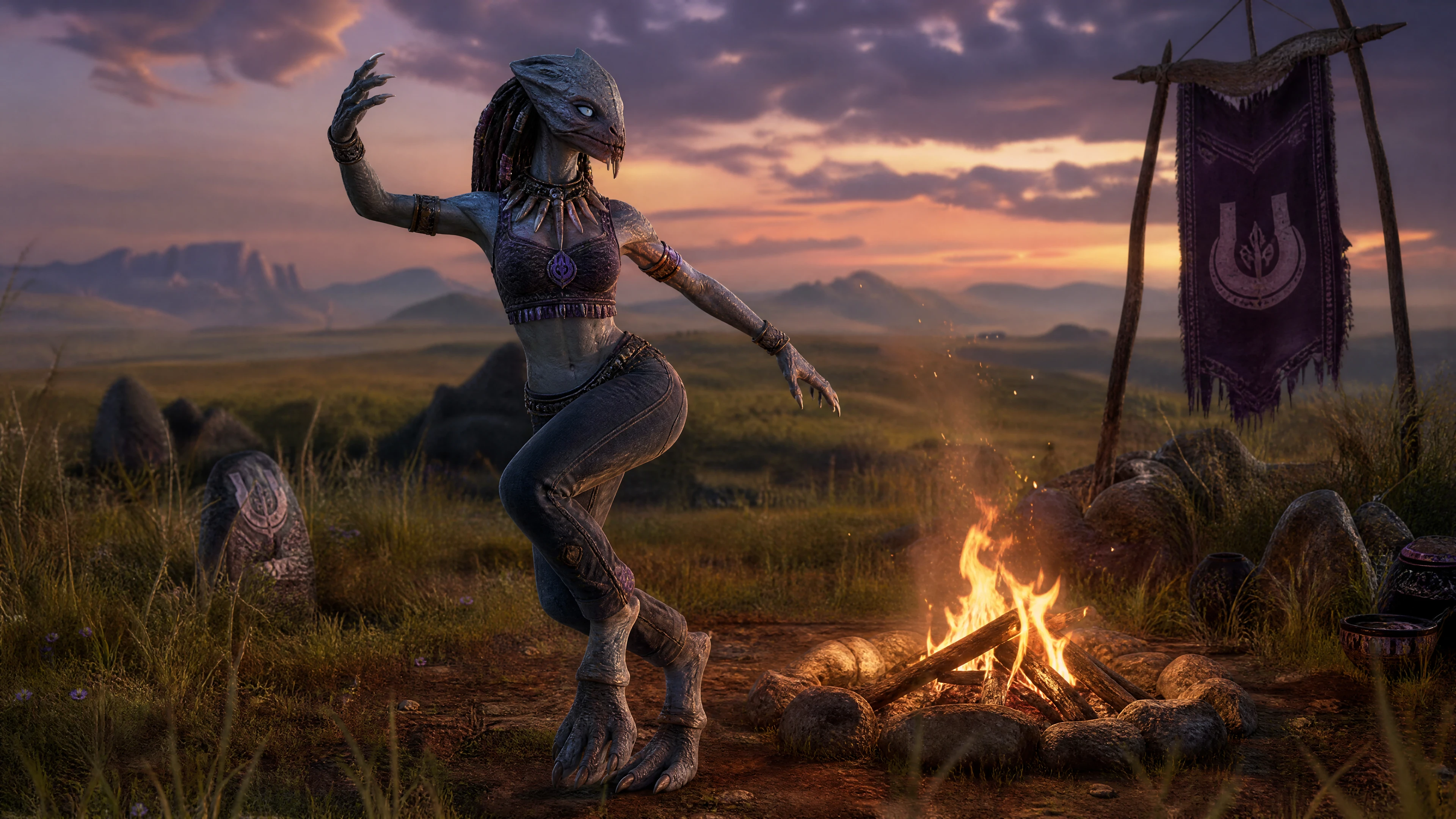 Alien female warrior dancing around campfire on open grassland