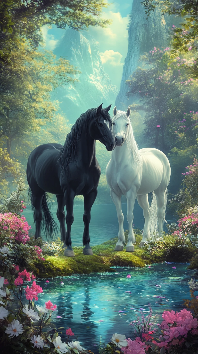 Two horses by a blue lake in a fantasy forest