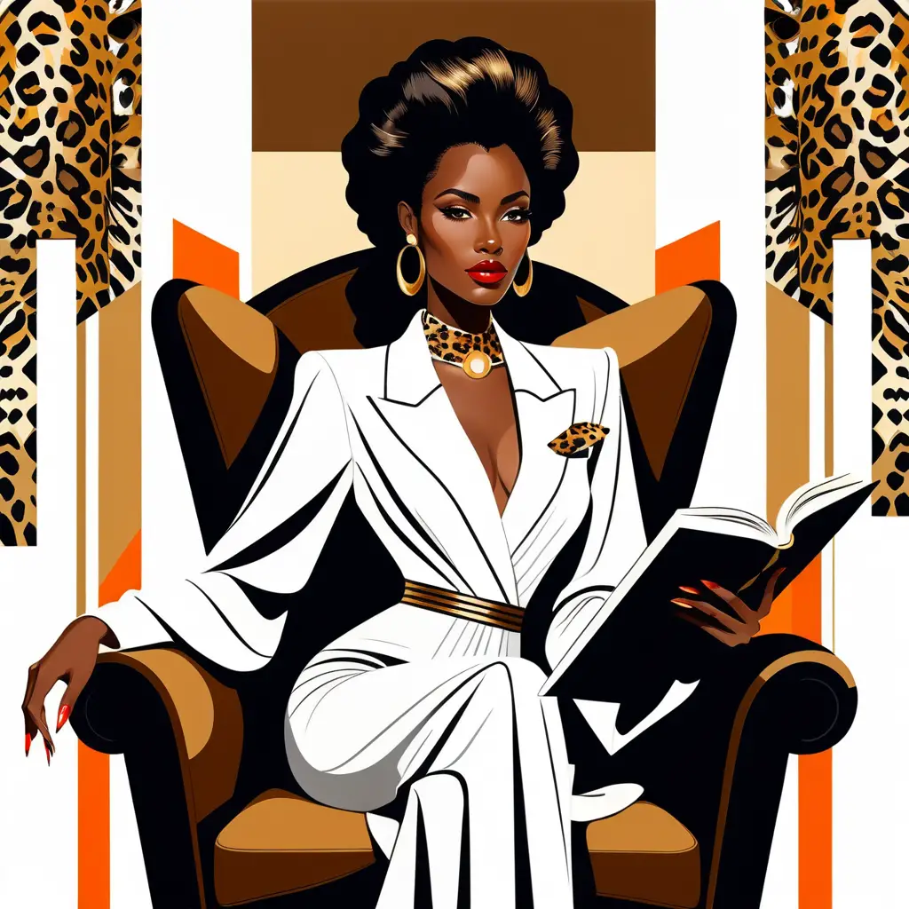 Élégante femme noire lisant dans un intérieur art déco