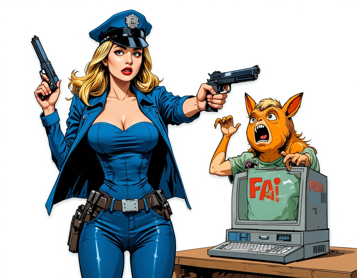 Policial feminina em desenho animado mirando arma em urso laranja assustado