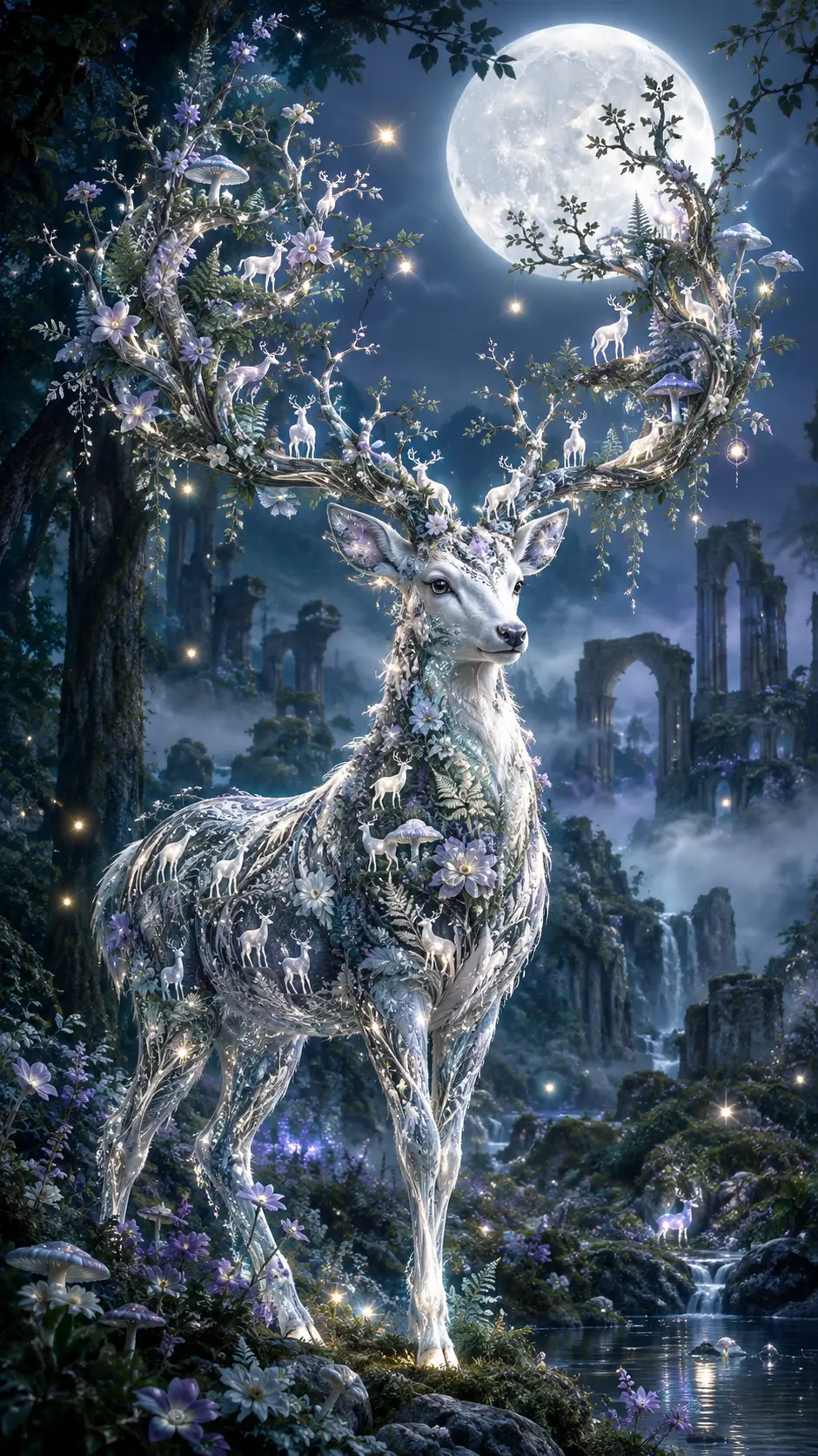 月光下魔法森林中的空靈白鹿