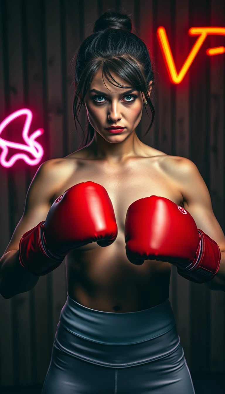 Jovem boxeadora em posição defensiva com tronco suado