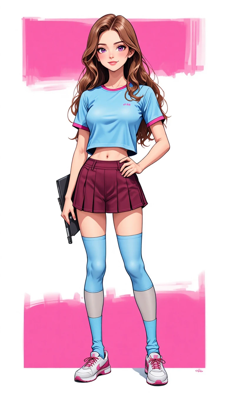 Anime-Mädchen mit Laptop in lässigem sportlichen Outfit