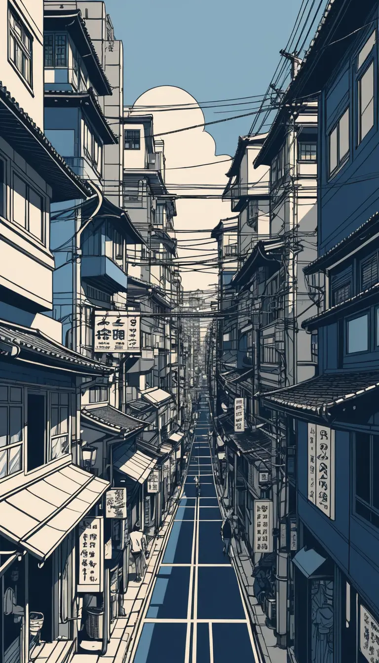 風格化日本城市街道的高密度垂直視角