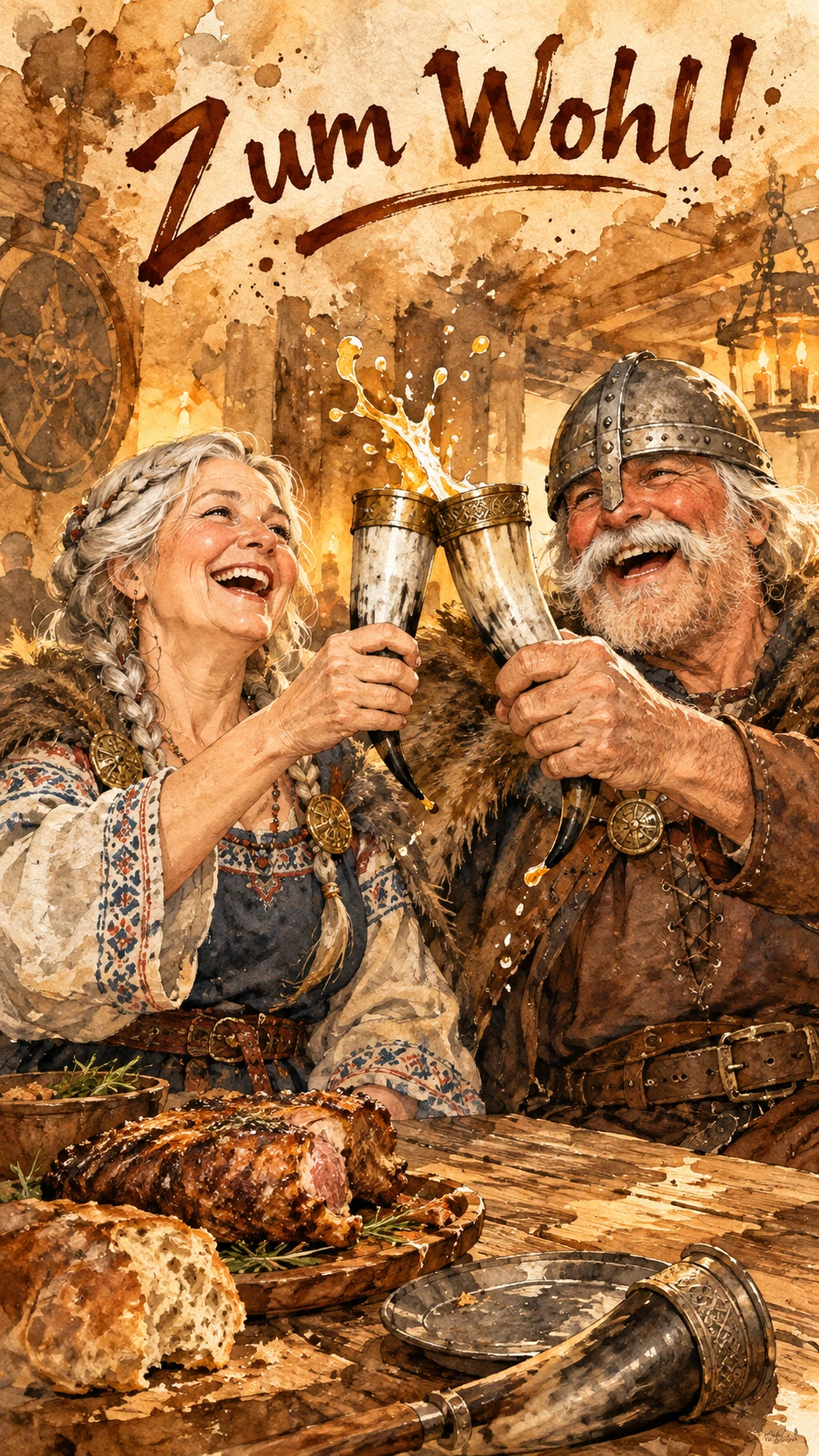 Couple de vieux vikings jovial trinquant dans une taverne rustique