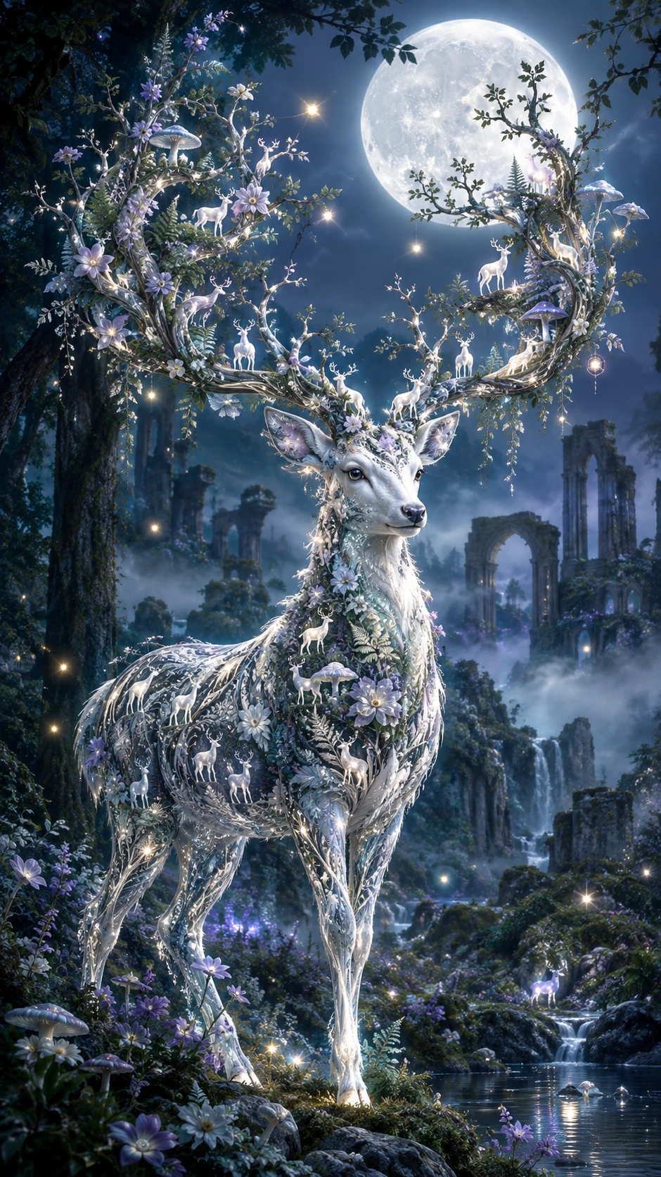 Cervo Branco Etéreo em uma Floresta Encantada ao Luar