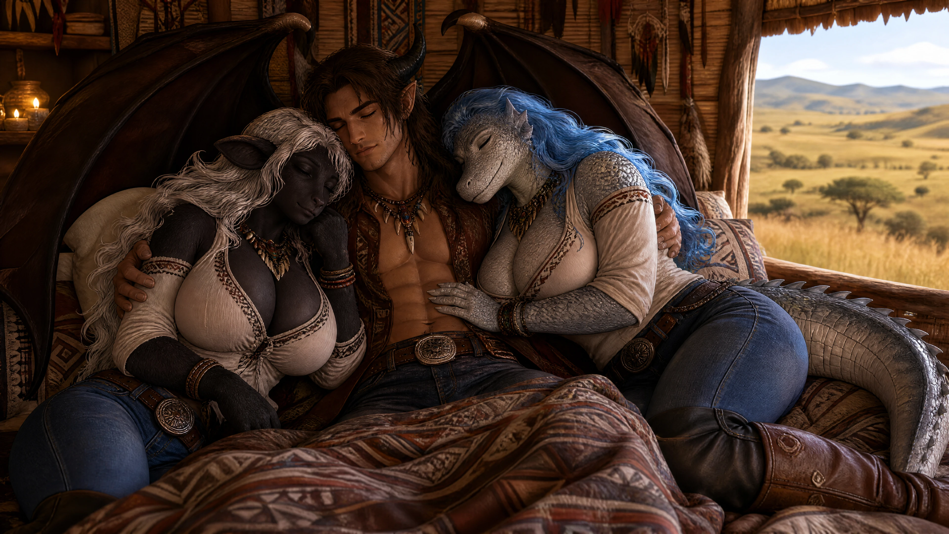 Fantasy-Liebende, die gemeinsam in einem gemütlichen, tribalartigen Schlafzimmer schlafen